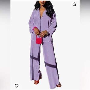 Shop Stevie | Purple Pleated Casual Button Down Long Sleeve & Pant Set